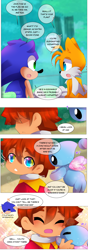 Size: 1400x4000 | Tagged: safe, artist:keary, chris thorndyke, miles "tails" prower, sonic the hedgehog, chao, human, comic:the father, 2025, abstract background, alternate universe, au:eggman's son, border, chrisabetes, comic, cute, dialogue, english text, exclamation mark, group, heart, hugging, neutral chao, sonic x, sparkles, speech bubble, standing, text