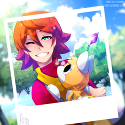 Size: 1400x1400 | Tagged: safe, artist:keary, chris thorndyke, tails doll, human, 2022, alternate universe, au:eggman's son, duo, photograph, smile, sonic x, tree, wink
