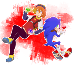 Size: 1472x1282 | Tagged: safe, artist:keary, chris thorndyke, sonic the hedgehog, human, 2017, abstract background, chaos emerald, duo, holding something, mouth open, outline, signature, smile, sonic boom (tv)