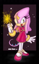Size: 1080x1758 | Tagged: safe, artist:nonicpower, 2024, holding something, liza the chameleon, looking at viewer, mouth open, new years, open smile, signature, smile, smiling at viewer, solo, sparkler, sparkles, standing