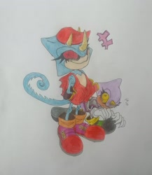 Size: 1836x2114 | Tagged: safe, artist:transgender-battlekukku, espio the chameleon, 2024, aged down, duo, eyelashes, looking at viewer, pencilwork, red sclera, smile, standing, traditional media, valdez the chameleon, yellow sclera, younger