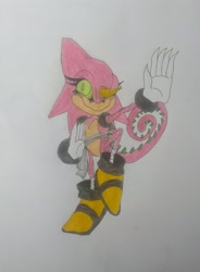 Size: 1836x2492 | Tagged: safe, artist:transgender-battlekukku, 2024, eyelashes, green sclera, liza the chameleon, looking at viewer, pencilwork, posing, smile, solo, standing, standing on one leg, traditional media