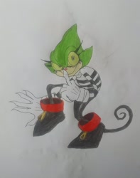 Size: 1820x2309 | Tagged: safe, artist:transgender-battlekukku, 2024, claws, eyelashes, green sclera, looking at viewer, loot the treasure seeker, pencilwork, shooshing, smile, sneaking, solo, standing, standing on one leg, traditional media
