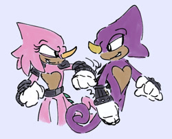 Size: 925x749 | Tagged: safe, artist:tezzbot, espio the chameleon, 2023, duo, grey background, heart chest, liza the chameleon, looking at each other, nudging, simple background, smile, tan skin