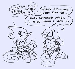 Size: 865x795 | Tagged: safe, artist:tezzbot, espio the chameleon, 2023, dialogue, duo, english text, grey background, line art, liza the chameleon, looking at each other, monochrome, mouth open, simple background, sitting, talking, text