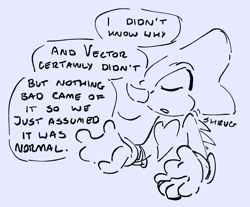 Size: 832x688 | Tagged: safe, artist:tezzbot, espio the chameleon, 2023, dialogue, english text, eyes closed, grey background, heart chest, line art, monochrome, mouth open, shrugging, simple background, solo, speech bubble, talking, text