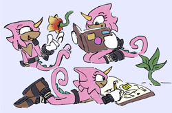 Size: 1154x758 | Tagged: safe, artist:tezzbot, 2023, book, cute, flat colors, flower, grey background, heart chest, holding something, kneeling, liza the chameleon, lizabetes, looking at something, lying down, lying on front, mouth open, open smile, pencil, plant, reading, simple background, sitting, smile, solo, standing, tan skin, writing