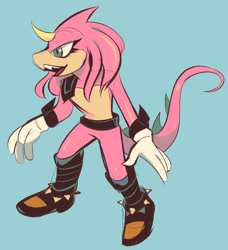 Size: 822x900 | Tagged: safe, artist:7clubs, 2022, archie, blue background, chameleon, female, liza the chameleon, looking offscreen, mouth open, one fang, open smile, simple background, smile, solo, standing