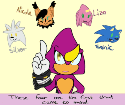 Size: 1280x1080 | Tagged: safe, artist:question-time-with-espio, espio the chameleon, nicole the hololynx, silver the hedgehog, sonic the hedgehog, hedgehog, 2017, animated, ask response, chameleon, character name, chibi, cream background, dialogue, english text, female, flat colors, gif, group, heart chest, hololynx, liza the chameleon, male, mouth open, open mouth, pointing, simple background, solo focus, text, wink, yellow background