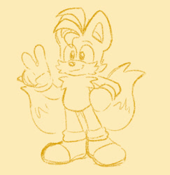 Size: 751x772 | Tagged: safe, artist:tezzbot, miles "tails" prower, 2024, eye clipping through hair, hand on hip, line art, looking offscreen, monochrome, simple background, smile, solo, standing, v sign, yellow, yellow background