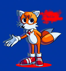 Size: 1280x1373 | Tagged: safe, artist:delphoart, tails doll, fox, blue background, collar, deroboticized, dialogue, gem, looking at viewer, male, mobianified, necklace, psychic, red pupils, simple background, solo, text, thought bubble