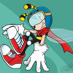 Size: 500x495 | Tagged: safe, artist:oakglove, bee, 2025, abstract background, boots, clenched teeth, gloves, goggles, looking at viewer, mello bee, pilot hat, scarf, signature, smile, smiling at viewer, solo, traced
