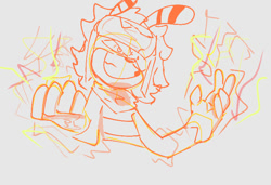 Size: 735x502 | Tagged: safe, artist:oakglove, bee, 2025, clenched teeth, electricity, goggles, grey background, line art, looking offscreen, mello bee, monochrome, pilot hat, scarf, simple background, smile, solo