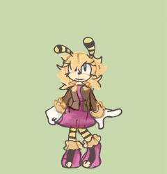 Size: 423x441 | Tagged: safe, artist:oakglove, saffron bee, bee, 2025, eyelashes, green background, looking offscreen, simple background, sketch, smile, solo, standing