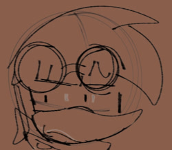 Size: 626x546 | Tagged: safe, artist:oakglove, bean the dynamite, 2025, bandana, brown background, eyewear on head, frown, goggles, goggles on head, line art, looking at viewer, monochrome, shrunken pupils, simple background, sketch, solo