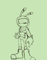 Size: 394x504 | Tagged: safe, artist:oakglove, bee, 2025, boots, goggles, green background, hand on hip, kneepads, line art, looking offscreen, mello bee, monochrome, no mouth, pilot hat, scarf, simple background, solo, standing