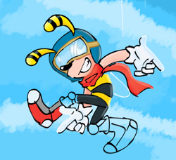 Size: 576x525 | Tagged: safe, artist:oakglove, bee, 2025, abstract background, adventure pose, boots, clenched teeth, clouds, daytime, goggles, kneepads, looking at viewer, mello bee, mid-air, outdoors, pilot hat, posing, scarf, smile, solo