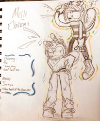 Size: 1688x2048 | Tagged: safe, artist:oakglove, charmy bee, bee, 2025, character name, duo, english text, exclamation mark, eyewear on head, flying, goggles, line art, mello bee, monochrome, mouth open, pencilwork, pilot hat, simple background, sparkles, standing, text, traditional media