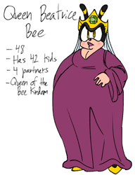 Size: 622x808 | Tagged: safe, artist:lazarus171, oc, oc:queen beatrice bee, bee, 2022, alternate universe, character name, cleavage, english text, flat colors, looking offscreen, queen bee, simple background, solo, standing, text, white background
