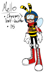 Size: 475x768 | Tagged: safe, artist:lazarus171, bee, 2022, character name, english text, flat colors, goggles, harness, kneepads, looking offscreen, mello bee, pilot hat, scarf, simple background, smile, solo, standing, text, white background