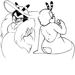 Size: 768x768 | Tagged: safe, artist:lazarus171, oc, oc:queen beatrice bee, bee, 2022, black and white, cleavage, hat, line art, monochrome, queen bee, scarf, simple background, sitting, smile, solo, standing, sun hat, swimsuit, white background