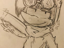 Size: 2048x1557 | Tagged: safe, artist:oakglove, bean the dynamite, 2025, bandana, eyewear on head, goggles, lidded eyes, line art, looking at viewer, monochrome, pencilwork, sketch, smile, solo, traditional media