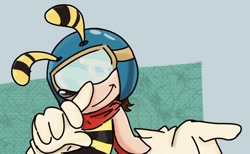 Size: 720x443 | Tagged: safe, artist:oakglove, bee, 2025, abstract background, finger under nose, goggles, hair, looking at viewer, mello bee, pilot hat, scarf, smile, smiling at viewer, solo