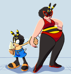 Size: 953x995 | Tagged: safe, artist:lazarus171, charmy bee, oc, oc:queen beatrice bee, bee, 2022, alternate universe, bikini, cleavage, duo, food, grey background, hand on hip, holding hands, holding something, ice cream, licking, mother and child, mother and son, queen bee, sandals, simple background, standing, sunglasses, swimming trunks, swimsuit, tongue out, topless