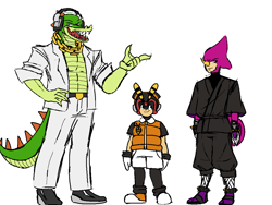 Size: 1024x768 | Tagged: safe, artist:lazarus171, charmy bee, espio the chameleon, vector the crocodile, bee, crocodile, 2023, alternate universe, blazer, chameleon, clothes, coat, flat colors, frown, kimono, looking at viewer, looking offscreen, pants, simple background, smile, standing, team chaotix, trio, white background