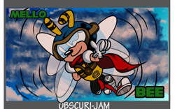 Size: 593x370 | Tagged: safe, artist:mllermanda, bee, 2019, abstract background, character name, clouds, flapping wings, flying, goggles, looking at viewer, mello bee, mid-air, pilot hat, smile, smiling at viewer, solo, thumbs up