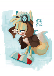 Size: 1280x1811 | Tagged: dead source, safe, artist:natizilda, miles "tails" prower, 2018, abstract background, clothes, eyewear on head, goggles, hands in pocket, hat, jacket, lidded eyes, looking offscreen, mouth open, one fang, pilot hat, signature, smile, solo, standing