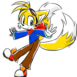 Size: 500x500 | Tagged: safe, artist:macaheroes, miles "tails" prower, 2015, arms out, clothes, eyewear on head, goggles, goggles on head, jacket, looking at viewer, pants, redesign, scarf, signature, simple background, smile, smiling at viewer, solo, standing, white background
