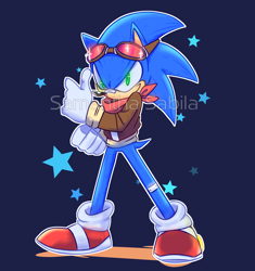 Size: 1100x1170 | Tagged: safe, artist:sonicspeedz, sonic the hedgehog, 2018, alternate universe, au:pilot, aviator jacket, bandaid, bandaid on knee, bandaid over nose, bandana, blue background, clothes, eyewear on head, fanfiction art, goggles, goggles on head, looking offscreen, outline, signature, simple background, smile, solo, sparkles, standing, star (symbol)