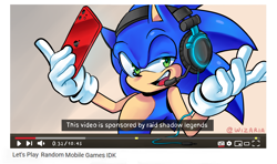 Size: 3000x1780 | Tagged: safe, artist:wizaria, sonic the hedgehog, 2020, english text, fake screenshot, headphones, headset, holding something, looking at viewer, mouth open, open smile, phone, raid shadow legends, signature, smile, smiling at viewer, solo, text, youtube, youtube captions