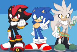 Size: 3137x2151 | Tagged: safe, artist:bluetravler, shadow the hedgehog, silver the hedgehog, sonic the hedgehog, hedgehog, 2025, abstract background, clenched fist, frown, hand on hip, looking at viewer, smile, standing, tan skin, trio, v sign