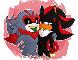 Size: 1024x790 | Tagged: safe, artist:du-o, eclipse the darkling, shadow the hedgehog, hedgehog, 2017, abstract background, alien, arm around shoulders, black sclera, claws, duo, ear fluff, fangs, frown, glowing eyes, green tongue, lidded eyes, looking at viewer, looking away, outline, signature, smile, standing, tan skin, tongue out, v sign, yellow teeth