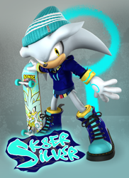 Size: 720x988 | Tagged: safe, artist:nibroc-rock, silver the hedgehog, 2021, 3d, abstract background, beanie, boots, character name, clothes, hat, holding something, hoodie, looking at viewer, shoelaces, skateboard, solo, standing
