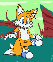 Size: 777x901 | Tagged: safe, artist:melcodriggs, miles "tails" prower, 2022, :o, abstract background, blue shoes, daytime, flat colors, grass, mouth open, outdoors, signature, solo, standing, standing on one leg
