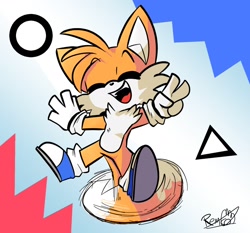 Size: 1500x1400 | Tagged: safe, artist:remukko521, miles "tails" prower, 2022, abstract background, blue shoes, cute, eye clipping through hair, eyes closed, floating eyebrows, flying, mid-air, mouth open, open smile, signature, smile, solo, spinning tails, tailabetes, v sign
