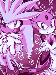 Size: 1024x1383 | Tagged: safe, artist:rosytoonz, blaze the cat, silver the hedgehog, cat, hedgehog, 2017, abstract background, arms out, duo, female, fire, limited palette, looking at viewer, male, pyrokinesis, telekinesis