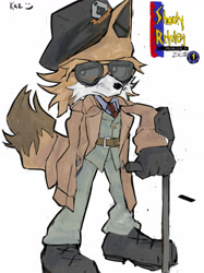 Size: 1280x1707 | Tagged: safe, artist:shootyrefutey, fox, 2023, amputee, belt, beret, cane, coat, crossover, disabled, jacket, kazuhira miller, looking offscreen, male, metal gear, metal gear solid v, missing limb, mobianified, simple background, solo, sunglasses, tie, white background