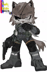 Size: 1280x1951 | Tagged: safe, artist:shootyrefutey, wolf, 2024, big boss, crossover, eyepatch, gun, knife, male, metal gear, metal gear solid v, mobianified, simple background, sneaking suit, solo, tactical gear, white background
