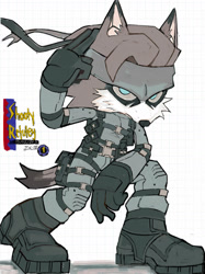 Size: 1280x1707 | Tagged: safe, artist:shootyrefutey, wolf, 2024, bandana, boots, crossover, male, metal gear, mobianified, simple background, solid snake, solo, tactical gear, white background