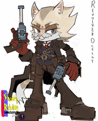Size: 1280x1594 | Tagged: safe, artist:shootyrefutey, 2024, boots, crossover, facial hair, gun, male, metal gear, metal gear solid v, mobianified, ocelot, revolver, revolver ocelot, simple background, solo, western, white background