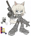 Size: 1280x1479 | Tagged: safe, artist:shootyrefutey, cat, 2024, crossover, cyborg, eyepatch, gun, male, metal gear, metal gear rising revengeance, metal gear solid 2, mobianified, raiden, self paradox, simple background, sneaking suit, solo, tactical gear, white background
