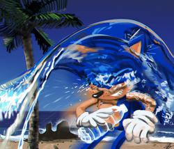 Size: 2500x2144 | Tagged: safe, artist:lemonade-pop, sonic the hedgehog, hedgehog, 2025, beach, bottle, daytime, eyes closed, grin, male, ocean, palm tree, sand, solo, tree, water, water bottle