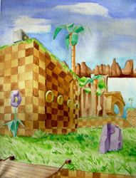 Size: 689x900 | Tagged: safe, artist:dragoncrescent, green hill zone, 2008, bridge, daytime, flower, grass, loop, monitor, mountain, mountain range, no characters, palm tree, ring, rock, scenery, traditional media, tree, water, watercolor, waterfall