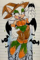 Size: 1362x2048 | Tagged: safe, artist:k_wiwina, rouge the bat, bat, 2023, animals, blushing, dead tree, eyeshadow, female, halloween, mouth open, pantyhose, pumpkin, solo, traditional media, tree, witch hat