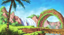 Size: 1198x667 | Tagged: safe, artist:wilustra, green hill zone, 2015, bridge, checkpoint, clouds, daytime, grass, loop, monitor, mountain, no characters, palm tree, ring, scenery, surrealism, tree, water, waterfall