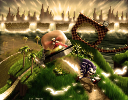 Size: 1250x976 | Tagged: safe, artist:g-man2000, robotnik, sonic the hedgehog, bird, hedgehog, human, green hill zone, sonic the hedgehog (1991), 2008, angry, bridge, chasing, clouds, duo, egg mobile, facial hair, fire, flower, glasses, grass, grin, looking at each other, loop, male, monitor, mountain, mountain range, palm tree, realism, ring, running, scenery, scenery porn, sunflower, sunset, surrealism, tree, water, waterfall
